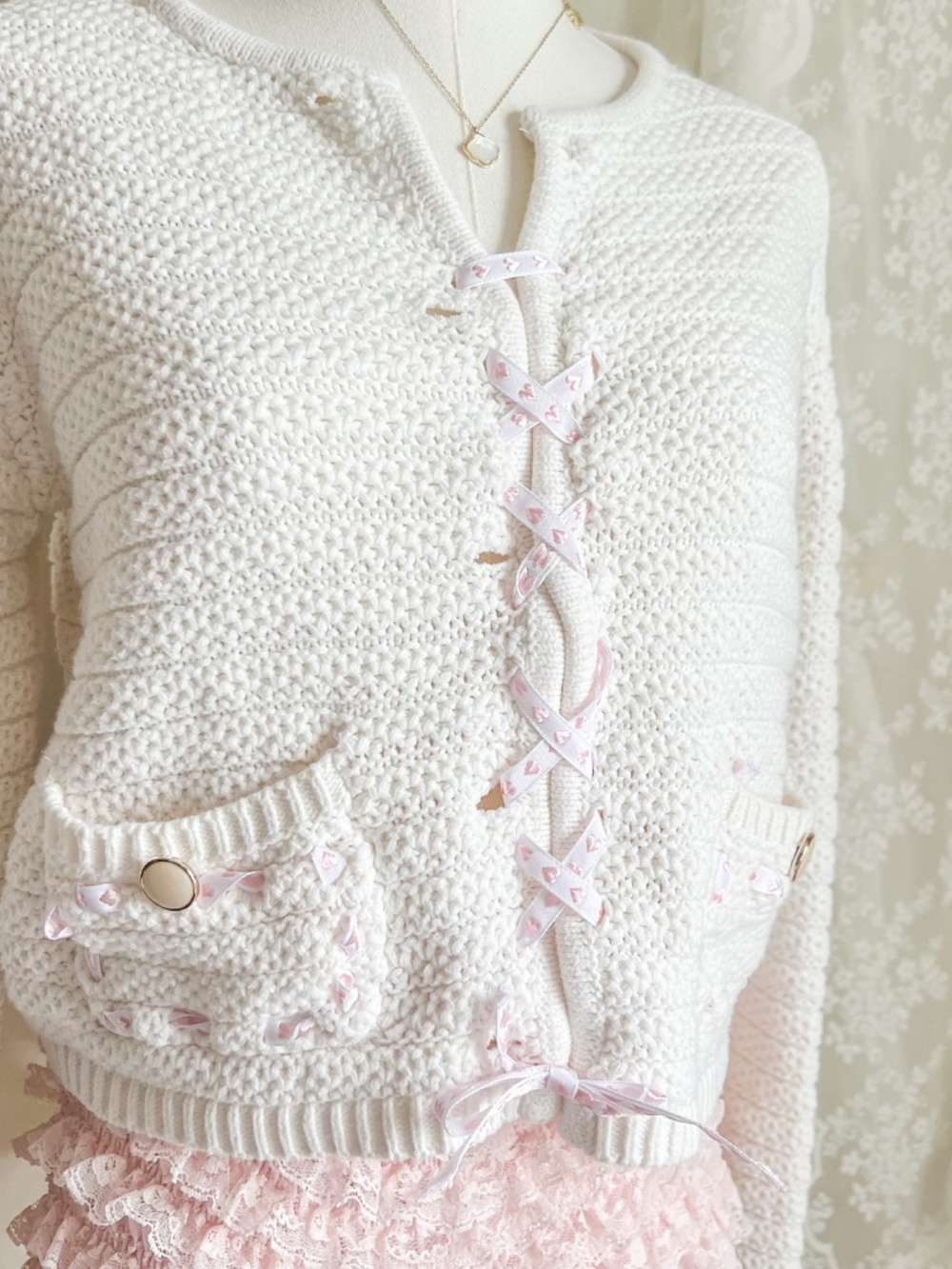 Ribbon Lace-Up Cream Cotton Cottagecore Sweater Cardigan - Picture 2 of 5